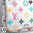 Animated contact sheet of a Louis Vuitton monogram pattern with changing 'LU' text and heart icons across six frames.
