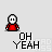Pixel art animation of a red character in blue ice with 'OH YEAH' text, showing rock destruction and speech bubble changes.