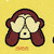 Animated cartoon monkey with brown hair and white face covering eyes, mouth, or ears in three sequential poses on yellow background.