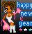 Pixelated static icon featuring a cartoon doll with orange hair and pink accents, holding a blue banner reading "happy new year" against a dark background with stars.