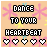 Pixel art icon with 'DANCE TO YOUR HEARTBEAT' text, pink snowflakes on peach background, and heart changing from white to pastel shades