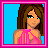 Pixel art contact sheet showing four frames of a fashion-themed animated icon with a female character in pink and blue attire against a bright blue background.