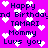 Pixelated birthday message with repeated text and heart symbols on a bright purple background.