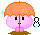 Pixelated character with pink body, orange umbrella, and brown base; four variations show changing light blue sparkles and snowman positions.