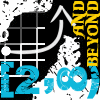 A static pattern of repeating blue brackets, infinity symbols, and yellow text on a black background with white lines