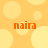 A static image with a yellow-orange background featuring overlapping light and dark circular shapes, displaying four instances of the text "naira" in orange lowercase letters.
