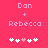 Pink background with 'Dan' and 'Rebecca' text above five heart icons, where the third heart changes from white to pink between frames.