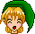 Pixel art character with green pointed hat and blonde hair showing five facial expressions on gray background.