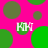 A static image with a bright pink background covered in overlapping green and brown circles, featuring four instances of the text "KONI" in white pixelated font.