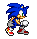 Pixel art of a blue hedgehog character in multiple running poses with white gloves, red shoes, and green eyes against gray background.
