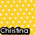 Yellow background with white polka dots and black text reading 'Christina' in pixelated font.