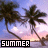 Pixelated beach scene with two palm trees against a sunset sky, text 'SUMMER' in block letters at bottom.