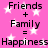 Pink background with white stars and black text showing 'Friends + Family = Happiness' repeated twice.