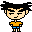 Pixel art character with spiky black hair, orange shirt, blue shorts standing against gray background in