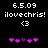 Pixelated text and symbols on black background with pink heart icons, showing version number 6.5.09, username ilovechris!, and a '<3' symbol.