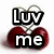 Pixelated icon with 'LUV me' text over two red cherries and a heart-shaped stem, black and white lettering on a white background.