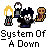 A 3x3 contact sheet of pixel art animated frames showing a character with dark hair and white face, holding a yellow flame-like object, alongside other figures including a large hand and a golden armored figure, all set against a gray background with repeated text "System Of A Down" below each frame.
