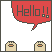 Pixel art with four showing a beige bear's progression from paws-only to full face, including a red speech bubble saying "Hello!!"