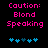 Pixelated text reads 'Caution: Blond Speaking' in bright pink on black background with blue puzzle-piece icons below.