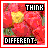 A pixelated image of red flowers with a yellow center, bordered by a red frame, featuring black text reading "THINK" and "DIFFERENT."