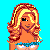 Pixelated cartoon woman with long wavy blonde hair in a white strapless dress with blue accents, standing against a bright blue background.