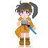 Pixel art character with dark gray pigtails, blue eyes, and brown armor holding a blue sword against gray background.