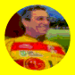 A circular animated icon shows a person in a yellow and red cycling jersey against a green field background, rotating through multiple angles with visible side profiles.