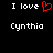 Black background with white pixelated text 'I love' and 'Cynthia', red heart symbol replacing the word 'heart' in left
