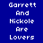 Blue background with white pixelated text reading "Garrett And Nickole Are Lovers" arranged in a , where each 's highlighted changes sequentially