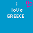 Blue background with white pixelated text 'i love GREECE' on both sides and a pink heart symbol above the left side.