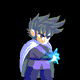 Pixelated character with spiky dark hair and sunglasses, wearing purple shirt and dark pants, holding blue energy effects in four sequential poses.