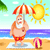 Pixelated beach scene with a large man in orange swim trunks under a striped umbrella, holding a drink, with a sun, palm tree, and beach ball in the background.