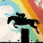 Pixelated image of a black horse and rider leaping through a rainbow-colored portal with text reading "Its me or the horse..." in red.