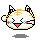 A 4-frame pixel art animation of a cartoon cat face with closed eyes, pink nose, and orange stripes on white fur, displayed in a 2x2 contact sheet format against a gray background.
