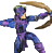 Pixelated figure in purple and blue costume holding a curved bow, standing against gray background with arms extended.