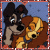 Pixelated cartoon dog with brown and black fur, light eyes, and a blue background with small white dots.