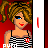 Pixel art character with brown pigtails, blue eyes, red lips, wearing black-and-white striped top; background is solid red.