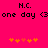 Bright pink background with black text reading "M.C. one day <3" repeated twice, and two of orange pixelated hearts below
