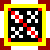 Pixel art with red and gray checkered patterns on black background, cyan and black checkered pattern on white background, and a pink curved arrow symbol in yellow frame