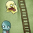 Pixelated image shows two cartoonish figures: a yellow creature with wide eyes and open mouth above a blue figure with large white eyes, next to a brown ladder on a green background.