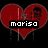 Red heart-shaped icons with black text labels and a play button, featuring pixelated faces inside hearts against dark backgrounds.