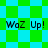 Pixelated green and cyan checkered background with "WoZ Up!" text repeated four times in black pixelated font.