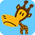 Pixelated giraffe with brown spots and horns, yellow face, downturned mouth on light blue background.
