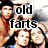 Four- of pixelated images with overlaid text: top-left shows two shirtless men with text "old farts"; top-right shows same men with text "w tattoos"; bottom-left shows three people with text "onud!"; bottom-right shows two people with text "<3 these guys"