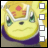 Yellow cartoon character with green eyes and red markings on its head, wearing a white helmet-like structure and purple lower body against a yellow background.