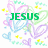 Pixelated icon with green text 'JESUS' over pastel hearts and yellow stars, transitioning to 'true love' in the same style.