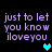 Pixelated purple text on black background with cyan and teal heart icons, displaying 'just to let you know iloveyou' in four repeated sections.