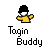 Pixel art character in yellow shirt and black hair holding multicolored object, with text "Togin Buddy" and red-green stylized "ap" symbols on gray background.