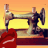 identical vintage sewing machines with red fabric, set against a yellow and orange gradient background