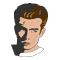 Pixelated cartoon head with brown hair and black sideburns, wearing a white shirt against gray background.
